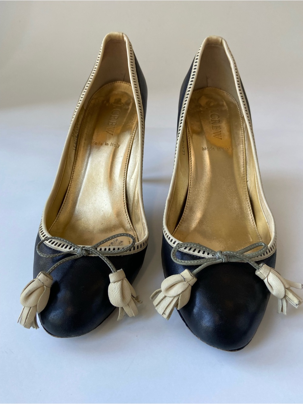 J. Crew Black and Cream Leather heels with Tassel Bow